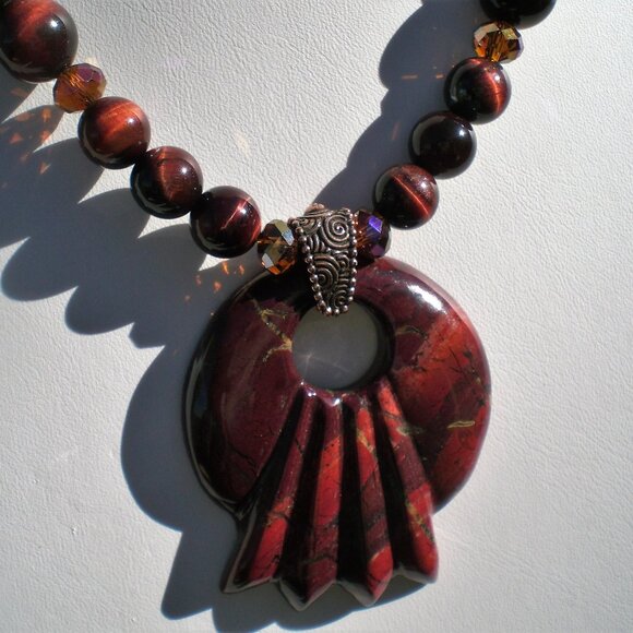 Red Tiger Eye Gemstone/Crystal Necklace; Couture, Statement Necklace; - Picture 1 of 7
